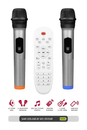 Şarjlı Çift Mikrofonlu Hoparlör Karaoke Sistemi Taşınabilir Amfi Büyük MT70 Bluetooth Hoparlör - Siyah - 10
