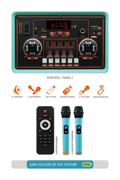 Şarjlı Çift Mikrofonlu Ses Sistemi Karaoke Sistemi Taşınabilir Amfi MTX7 Bluetooth Hoparlör - 2