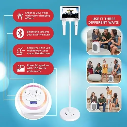 Singing Machine Portable Karaoke Machine for Adults & Kids with 2 Wireless Microphones, Home Stage (White) - Built-in Karaoke Speaker, Bluetooth with LED Lights - Karaoke System with Voice Enhancer - 3