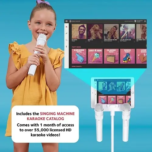 Singing Machine Portable Karaoke Machine for Adults & Kids with 2 Wireless Microphones, Home Stage (White) - Built-in Karaoke Speaker, Bluetooth with LED Lights - Karaoke System with Voice Enhancer - 5