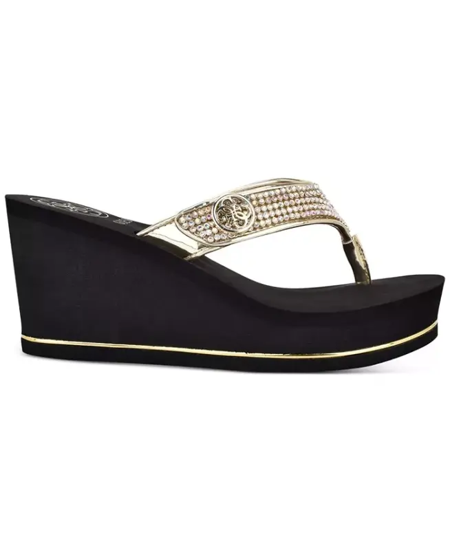 Women's Sarraly Eva Logo Wedge Slip On Flip Sandals - Gold Irridescent Rhinestone - 2