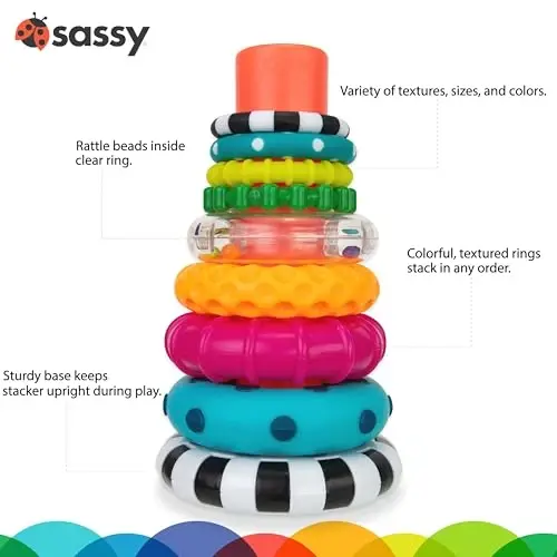 Sassy Stacks of Circles Stacking Ring STEM Learning Toy, Age 6+ Months, Multi, 9 Piece Set (Pack of 12) - 3