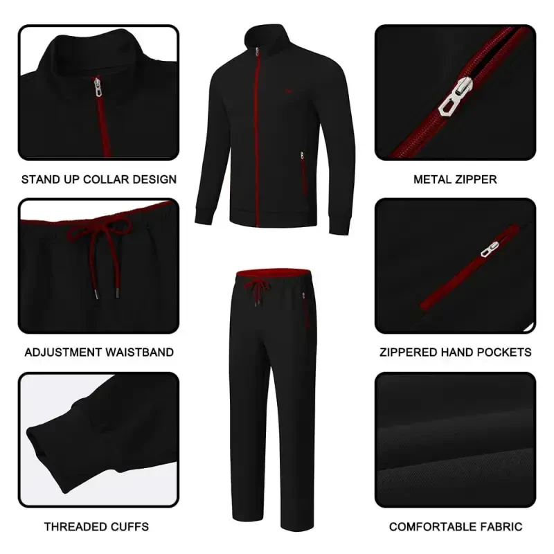 Satankud Men's Tracksuits 2 Pieces Set Long Sleeve Causal Full Zip Athletic Tracksuits Jogging Gym Sports Sweatsuit for Men 2 Piece Outfits Black-2XL - 5