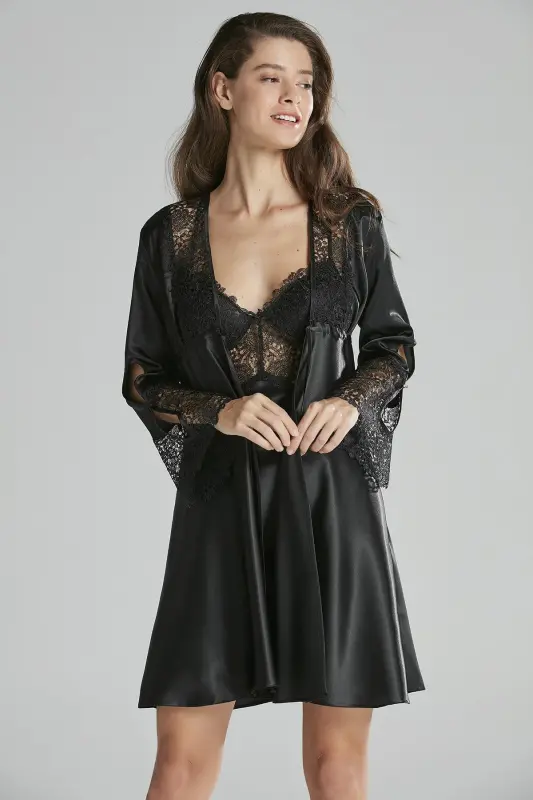 Saten Altılı Gelin Çeyiz Seti - 6625 Siyah-Siyah - 2