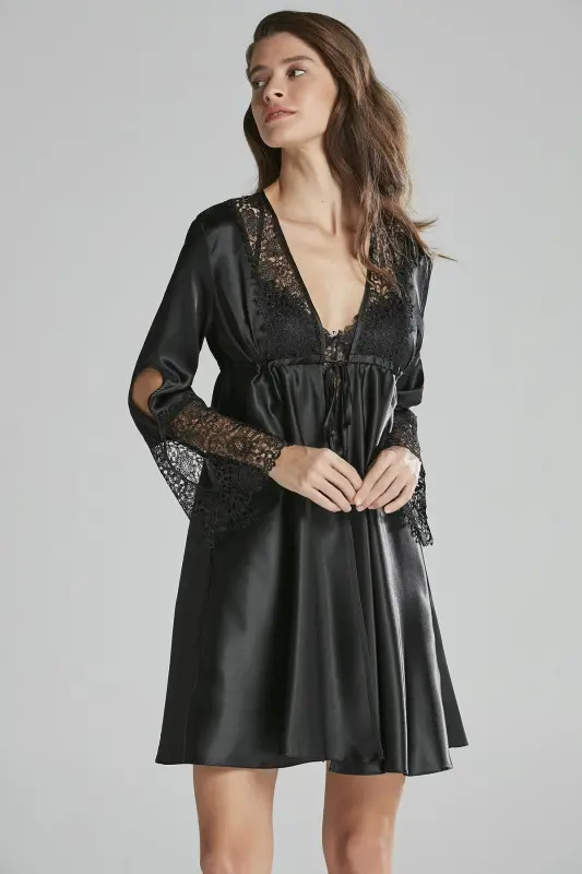 Saten Altılı Gelin Çeyiz Seti - 6625 Siyah-Siyah - 1