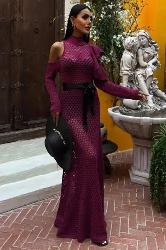 Saten belbog'li teshikli triko ko'ylak 2847 - 7