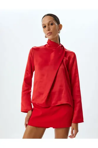 Saten Bluz Asimetrik Dik Yaka Drape Detaylı Uzun Kollu - Bordo - 3