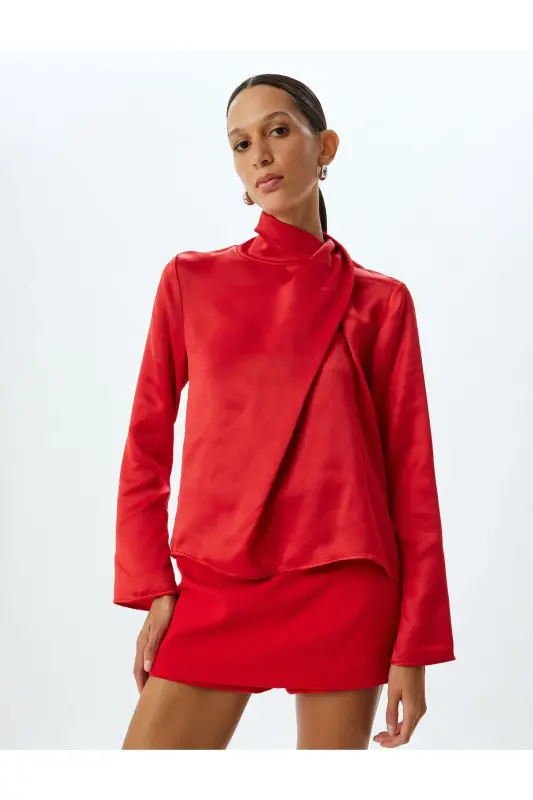 Saten Bluz Asimetrik Dik Yaka Drape Detaylı Uzun Kollu - Bordo - 3