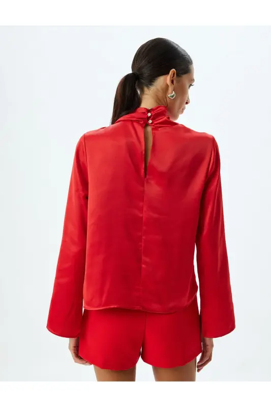 Saten Bluz Asimetrik Dik Yaka Drape Detaylı Uzun Kollu - Bordo - 4