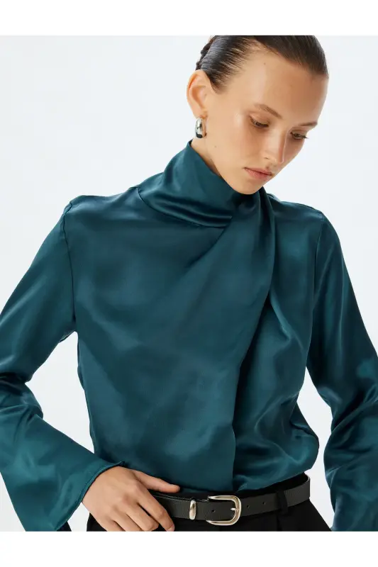 Saten Bluz Asimetrik Dik Yaka Drape Detaylı Uzun Kollu-Yeşil - KOTON