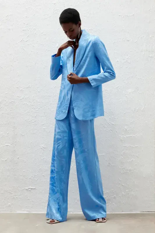 Saten Desenli Salaş Pantolon - Mavi-MAVİ - SATEEN