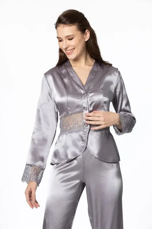 Saten Gecelik Sabahlık Pijama Takım Şort Takım 6'lı Çeyiz Seti - 6040-Gri - 4