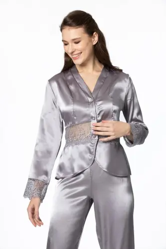 Saten Gecelik Sabahlık Pijama Takım Şort Takım 6'lı Çeyiz Seti - 6040 - Gri - 4