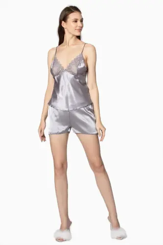 Saten Gecelik Sabahlık Pijama Takım Şort Takım 6'lı Çeyiz Seti - 6040-Gri - 5