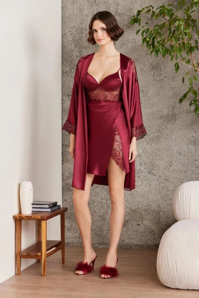 Saten Gecelik Sabahlık Pijama Takım Şort Takım 6'lı Gelin Çeyiz Seti - 6000-Bordo - Modazone (1)