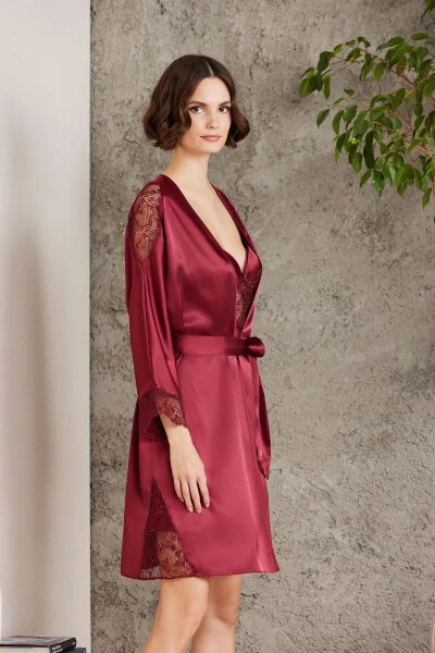 Saten Gecelik Sabahlık Pijama Takım Şort Takım 6'lı Gelin Çeyiz Seti - 6000-Bordo - 4