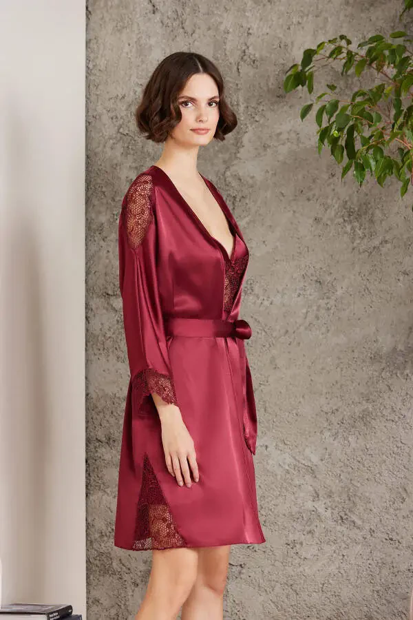 Saten Gecelik Sabahlık Pijama Takım Şort Takım 6'lı Gelin Çeyiz Seti - 6000-Bordo - 4