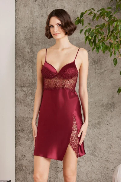 Saten Gecelik Sabahlık Pijama Takım Şort Takım 6'lı Gelin Çeyiz Seti - 6000-Bordo - 5
