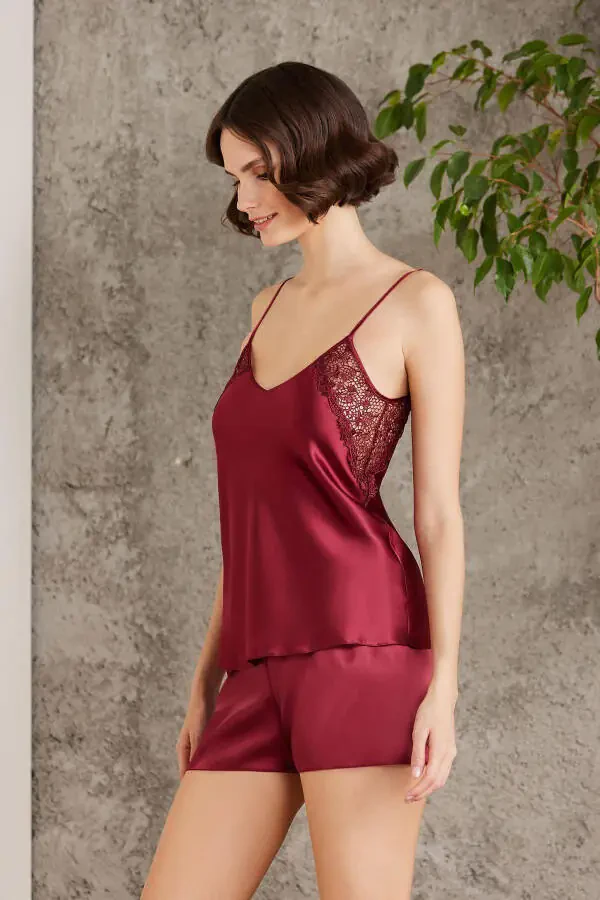 Saten Gecelik Sabahlık Pijama Takım Şort Takım 6'lı Gelin Çeyiz Seti - 6000-Bordo - 8