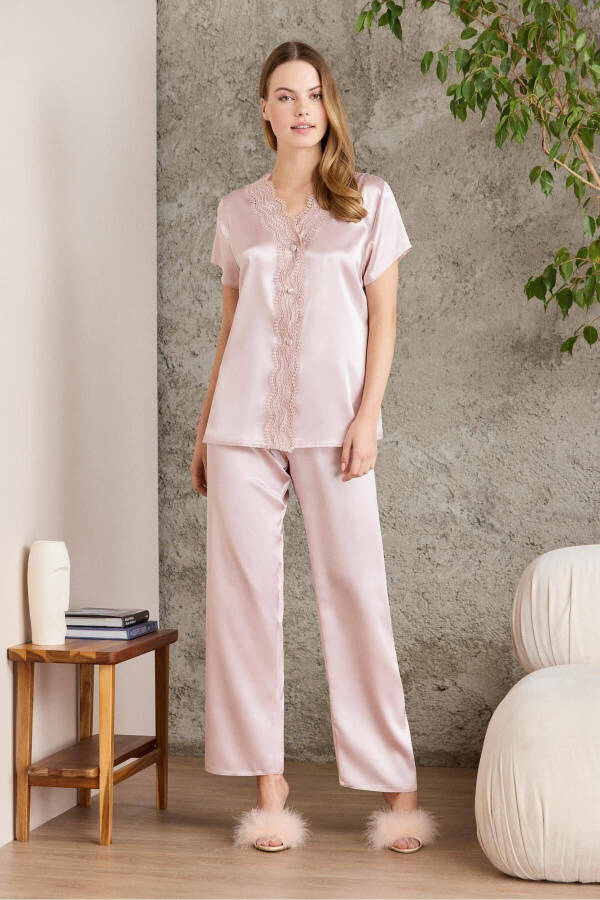 Saten Gecelik Sabahlık Pijama Takım Şort Takım 6'lı Gelin Çeyiz Seti - 6010-Pudra - 5
