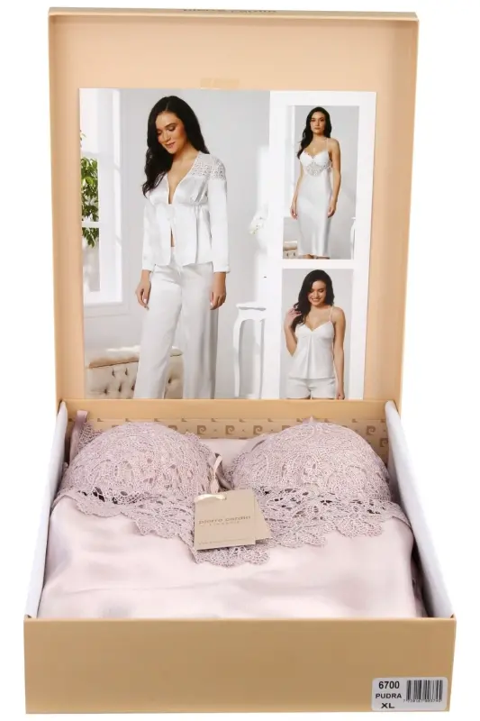 Saten Gecelik Sabahlık Pijama Takım Şort Takım 6'lı Gelin Çeyiz Seti - 6700-Pudra - PIERRE CARDIN