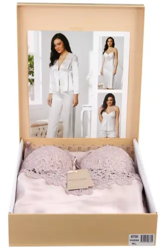 Saten Gecelik Sabahlık Pijama Takım Şort Takım 6'lı Gelin Çeyiz Seti - 6700-Pudra - 1