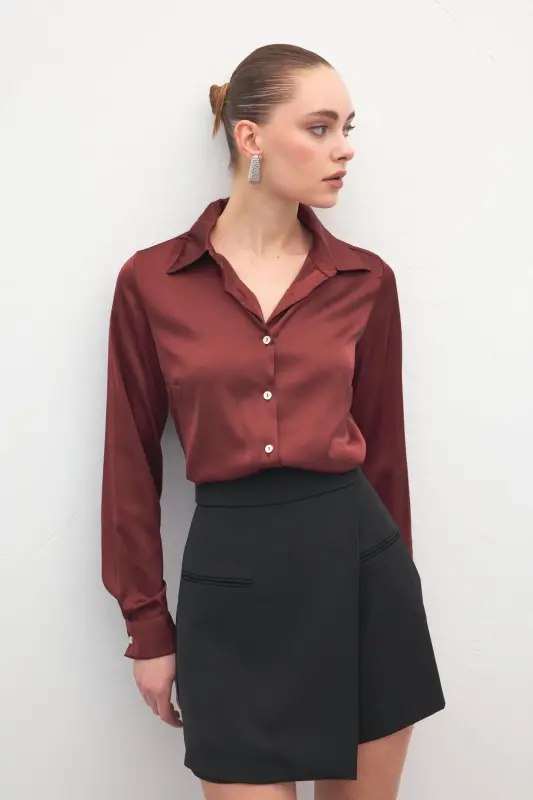 Saten Gömlek - Bordo-Bordo - 3