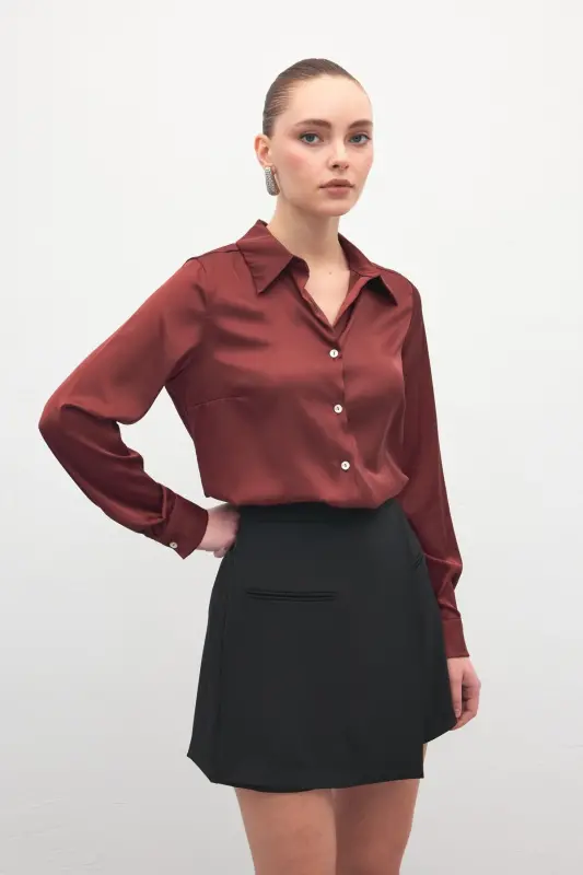 Saten Gömlek - Bordo-Bordo - 5
