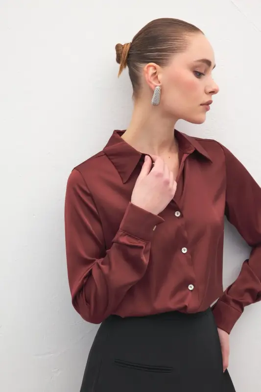 Saten Gömlek - Bordo-Bordo - 6