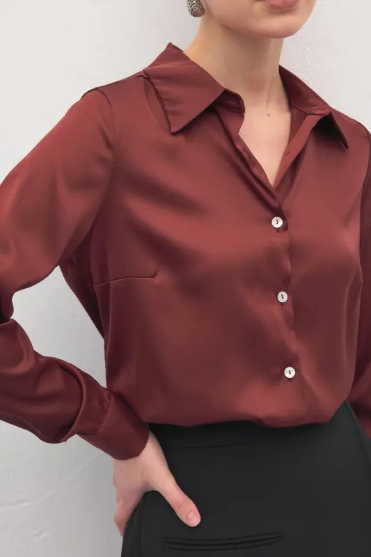 Saten Gömlek - Bordo-Bordo - 7