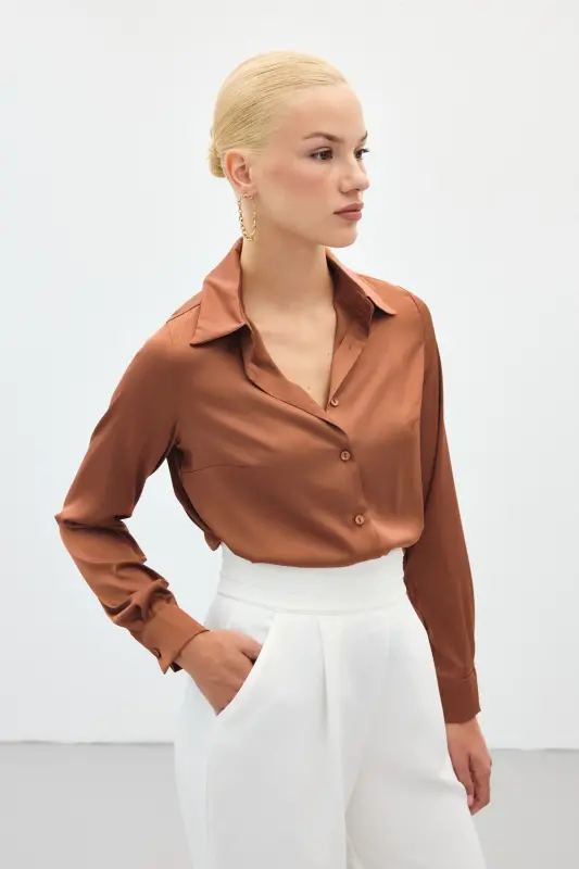 Saten Gömlek - Kahve-Kahve - SATEEN