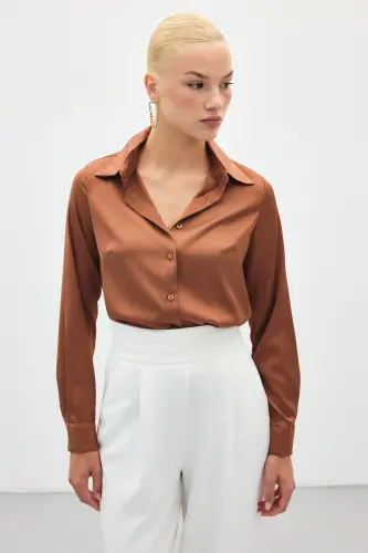 Saten Gömlek - Kahve-Kahve - 3