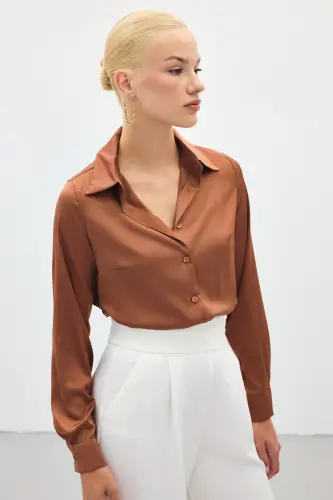 Saten Gömlek - Kahve-Kahve - 6