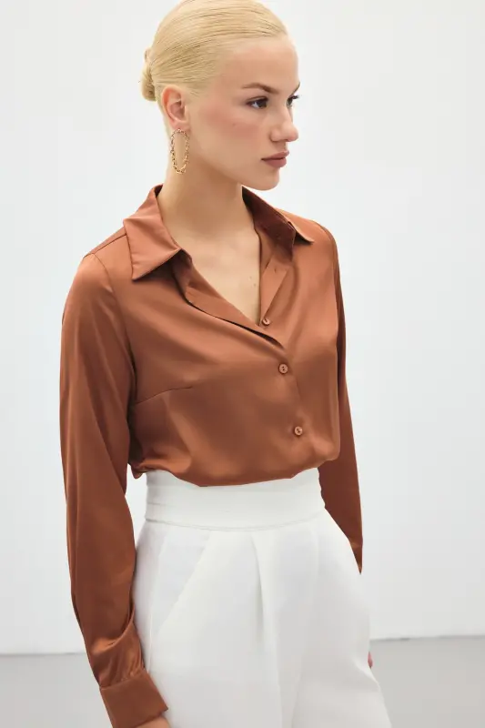 Saten Gömlek - Kahve-Kahve - 7