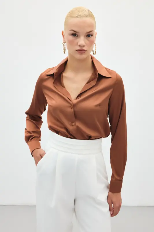 Saten Gömlek - Kahve-Kahve - 4