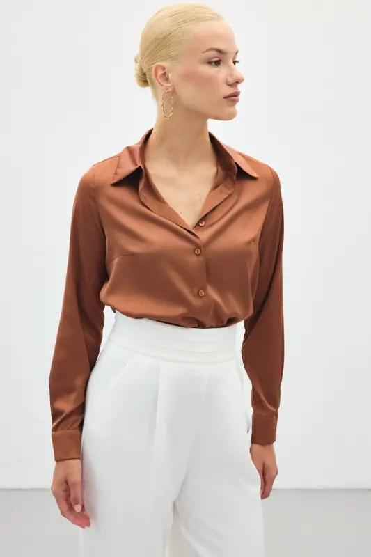 Saten Gömlek - Kahve-Kahve - 5