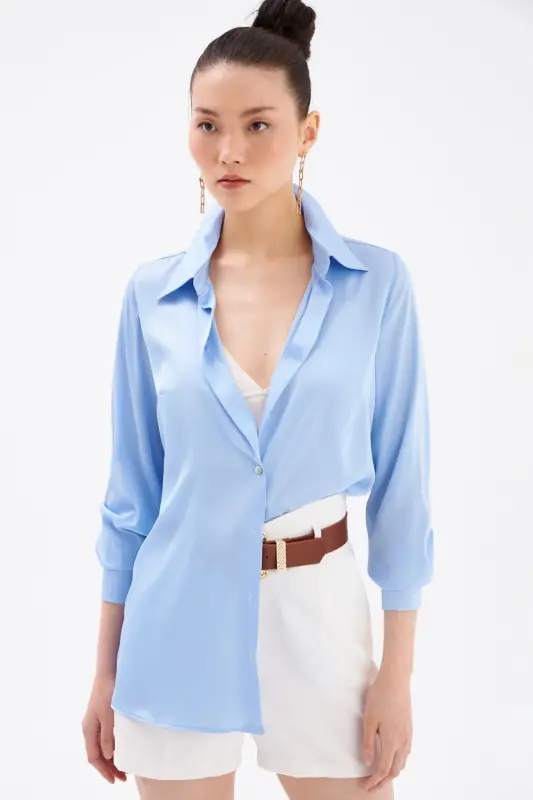 Saten Gömlek - Mavi-MAVİ - 5