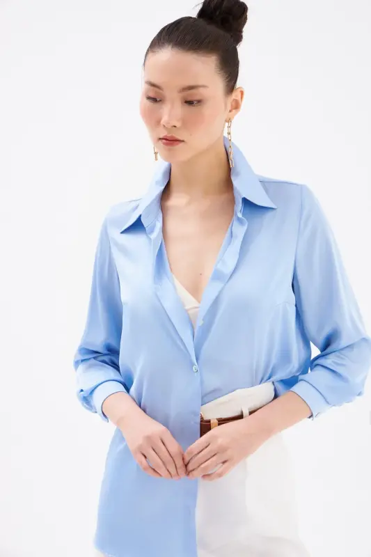 Saten Gömlek - Mavi-MAVİ - 6