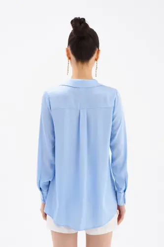 Saten Gömlek - Mavi-MAVİ - 7