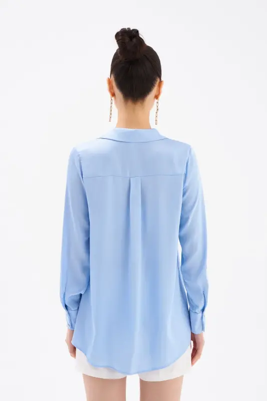 Saten Gömlek - Mavi-MAVİ - 7