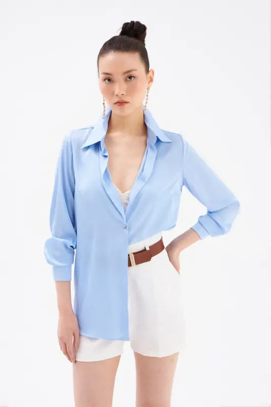 Saten Gömlek - Mavi-MAVİ - SATEEN