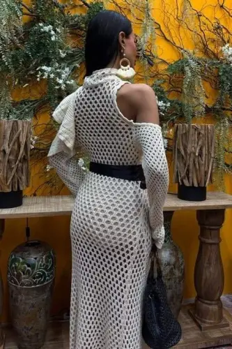 Saten kamarli ochiq trikotaj ko'ylak 2847 - 4