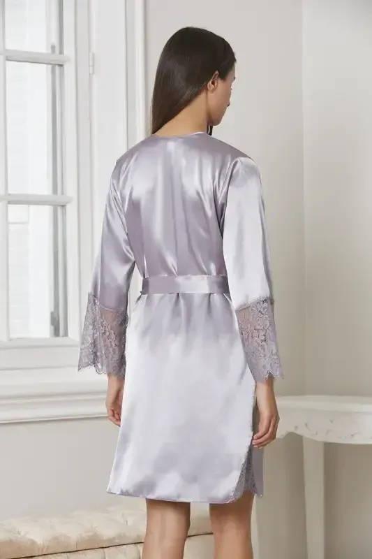 Saten Kechki Ko'ylak Xalat Pijama To'plami Short To'plami 6 qismli Sep Komplekti - 6015-Pushti - 3