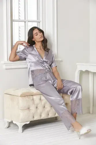 Saten Kechki Ko'ylak Xalat Pijama To'plami Short To'plami 6 qismli Sep Komplekti - 6015-Pushti - 7