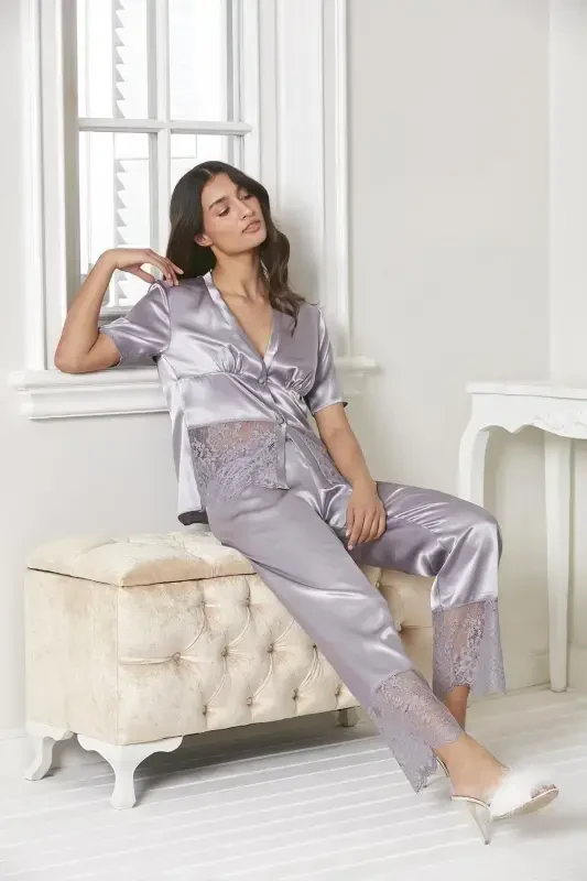 Saten Kechki Ko'ylak Xalat Pijama To'plami Short To'plami 6 qismli Sep Komplekti - 6015-Pushti - 7