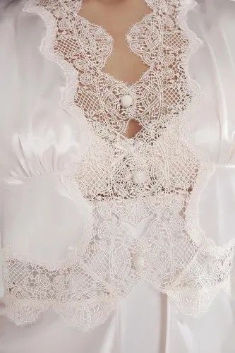 Saten Kechki Ko'ylak Xalat Pijama To'plami Short To'plami 6 qismli Sep Komplekti - 6335-Oq - 3