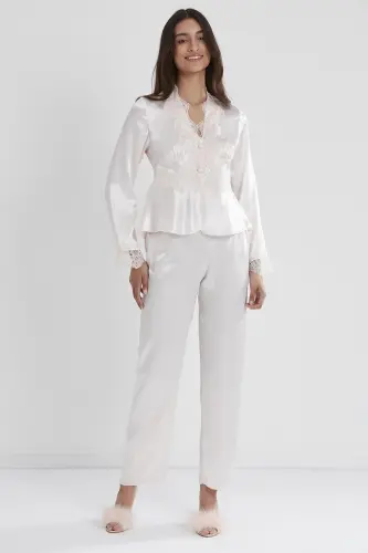 Saten Kechki Ko'ylak Xalat Pijama To'plami Short To'plami 6 qismli Sep Komplekti - 6335-Oq - 8
