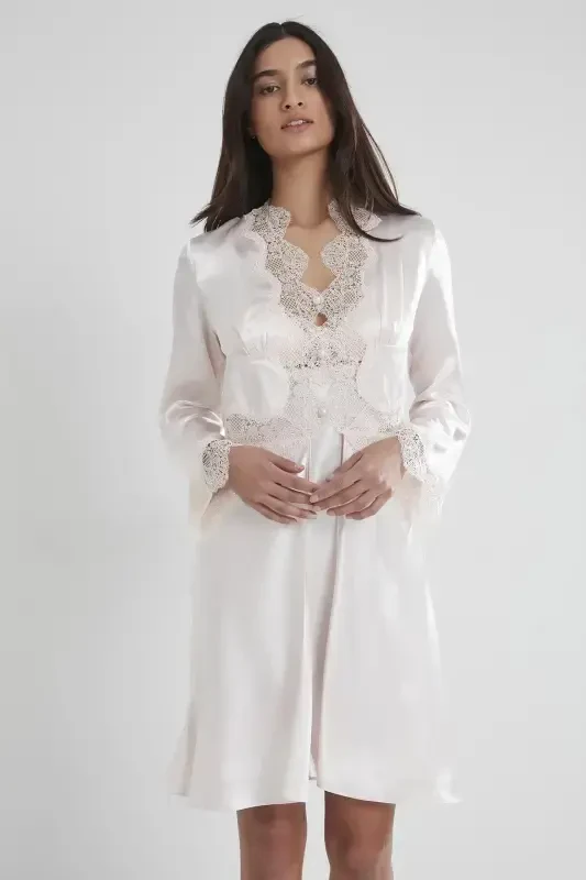 Saten Kechki Ko'ylak Xalat Pijama To'plami Short To'plami 6 qismli Sep Komplekti - 6335-Oq - PIERRE CARDIN