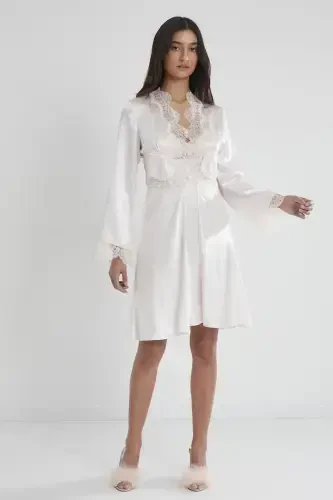 Saten Kechki Ko'ylak Xalat Pijama To'plami Short To'plami 6 qismli Sep Komplekti - 6335-Oq - PIERRE CARDIN (1)