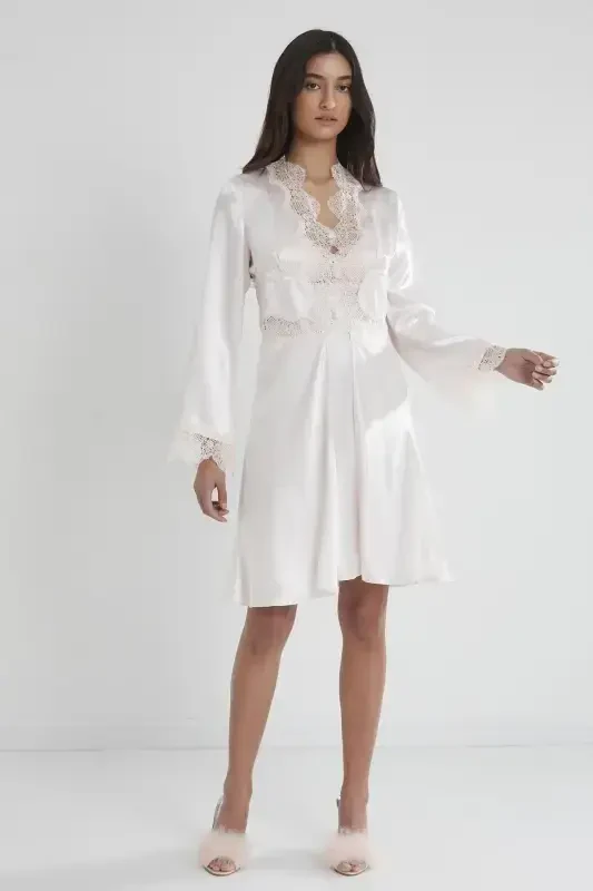 Saten Kechki Ko'ylak Xalat Pijama To'plami Short To'plami 6 qismli Sep Komplekti - 6335-Oq - 2